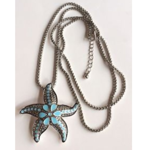 Silver Blue Starfish Pendant Necklace 33" Statement Aqua Enamel ID Badge Holder - Picture 1 of 8